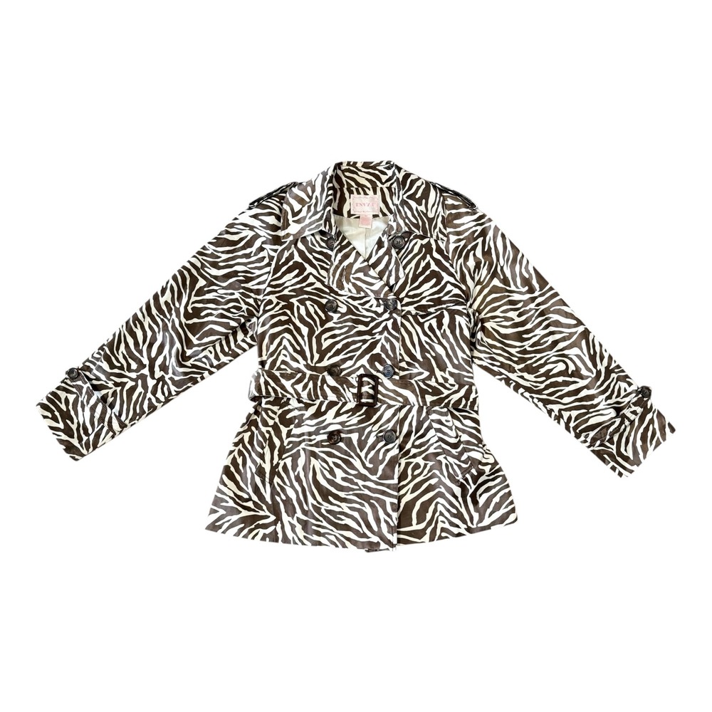 Envy U Womens Sz-Med Brown Zebra Print Double Breasted Belt Trench Coat Jacket‎